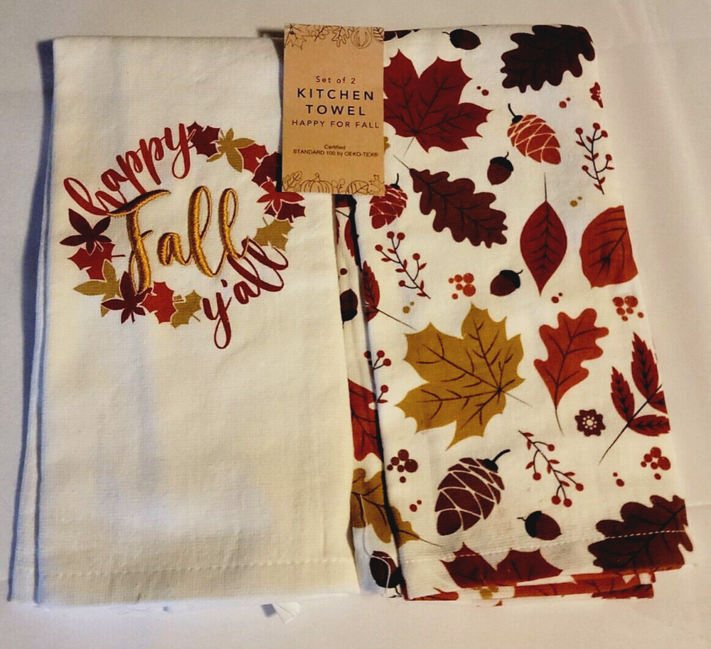 Set of 2 Kitchen Towel Happy For Fall 16 in x 26 in 100% Cotton - HAS SPOTS
